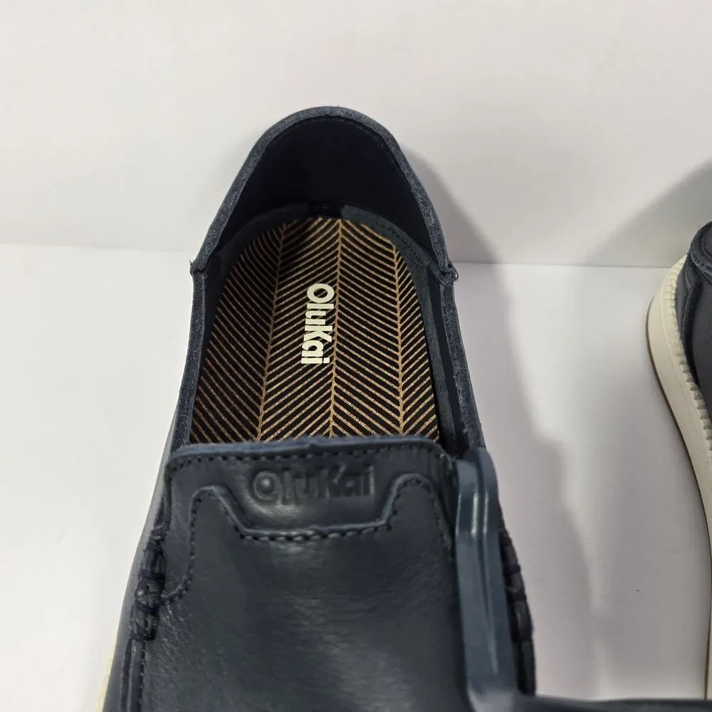 OluKai Kakaha Nia‎ Mens 10 Mood Indigo Blue Leather Slip On Shoes Loafers